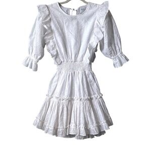 MISA Los Angeles White Eyelet Ruffle Mini Dress Smocked Waist Women's Size S